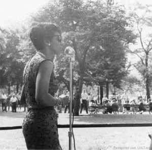Lorraine Hansberry speaks at an NAACP rally, courtesy of the Lorraine Hansberry Literary Trust.
