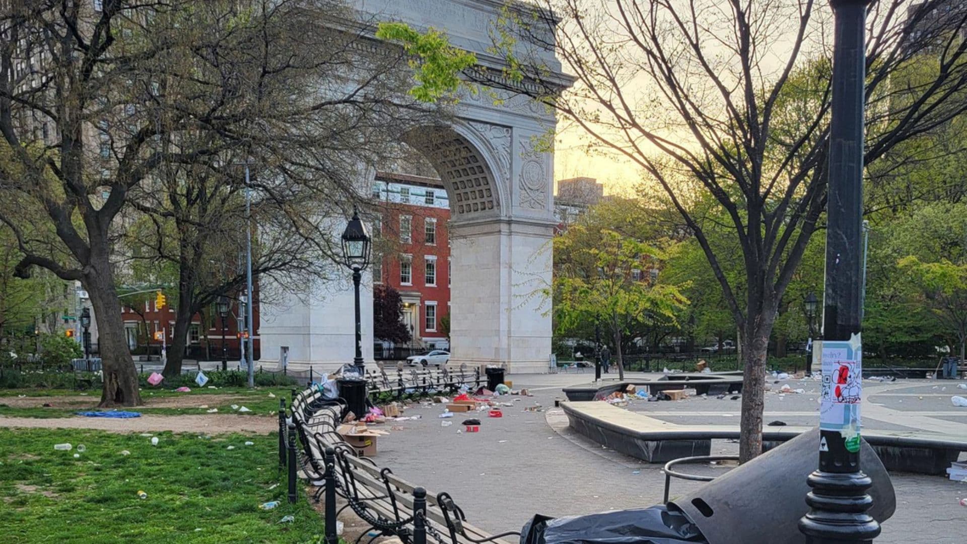 Trash in Washington Square Park in front of the Washington Square Arch after 4/20.