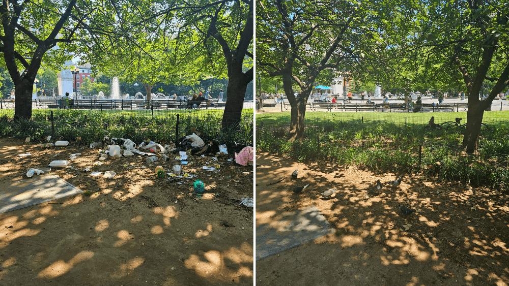 Before and after series in Washington Square Park. The left side has garbage and the right side is cleaned up.