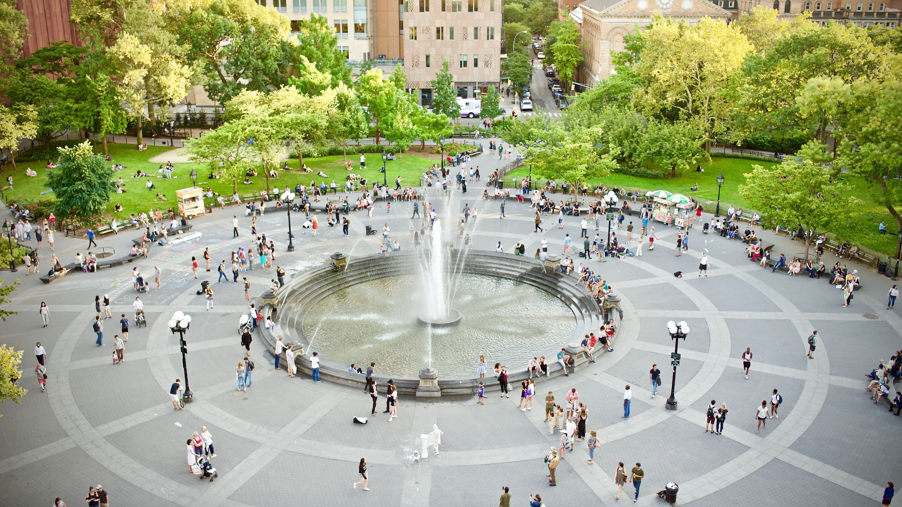 Aerial view of the fountain at Washington Square Park