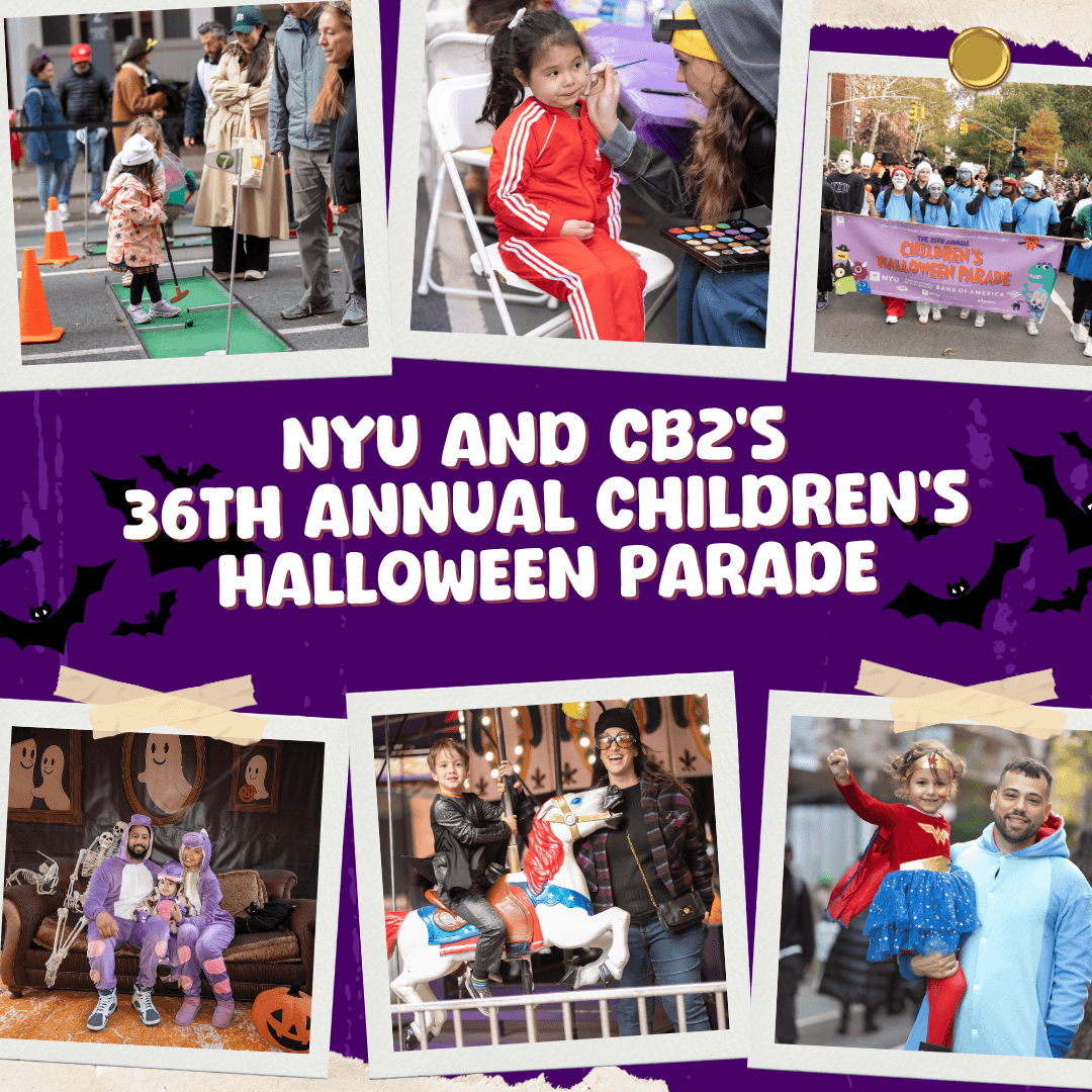 Purple Halloween graphic with bats and the title “NYU and CB2’s 36th Annual Children’s Halloween Parade.” The title is surrounded by six snapshot style photos from past parades: a child playing mini golf on the street, a girl in a red tracksuit getting her face painted, parade marchers in costume carrying the event banner, a family in matching purple costumes posing on a spooky couch with a skeleton, a boy riding a carousel horse with a smiling woman beside him, and a young girl in a superhero costume raising her fist while held by a man in a light blue costume.