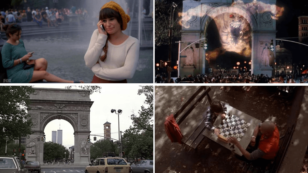 A collection of four movie scenes shot in Washington Square Park.