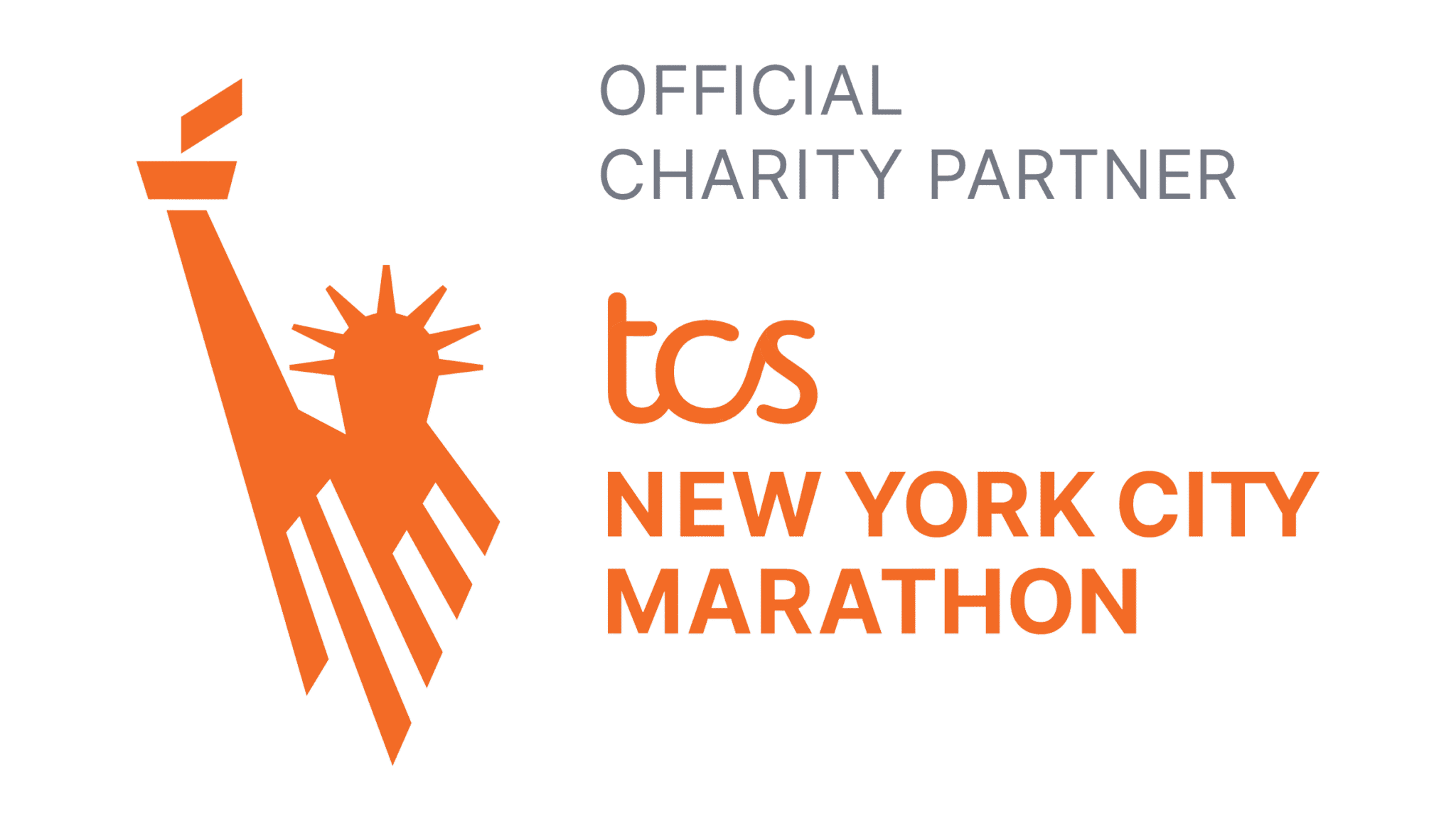 A orange and gray logo for the TCS New York City Marathon Official Charity program.
