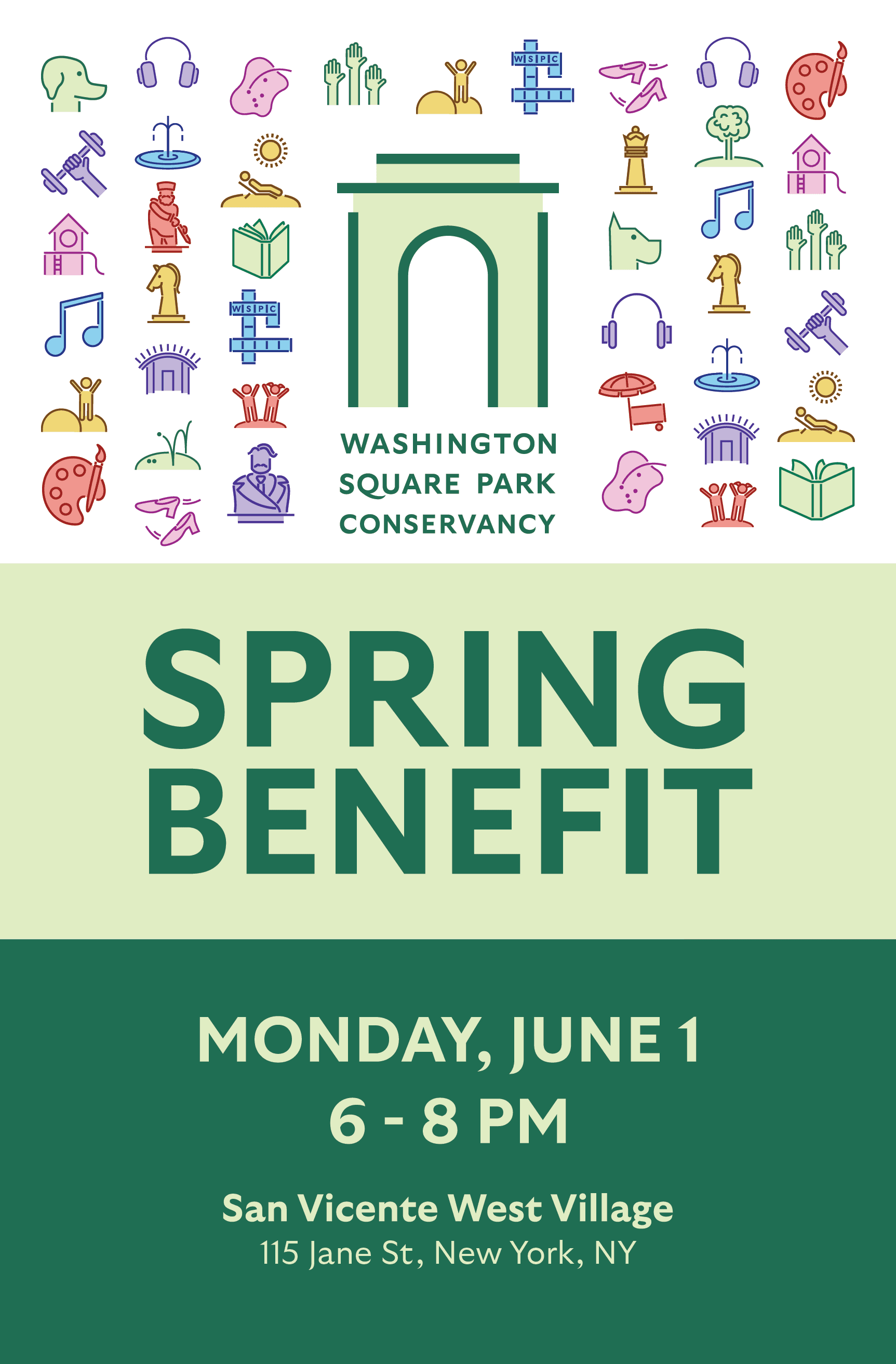 Invitation for the Washington Square Park Conservancy's Spring Benefit on Monday, June 1 from 6-8pm at San Vicente West Village.