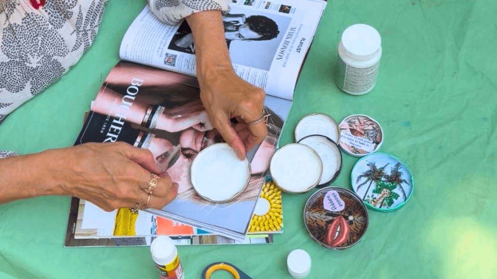 Lenore Solmo creates upcycled art in Washington Square Park.