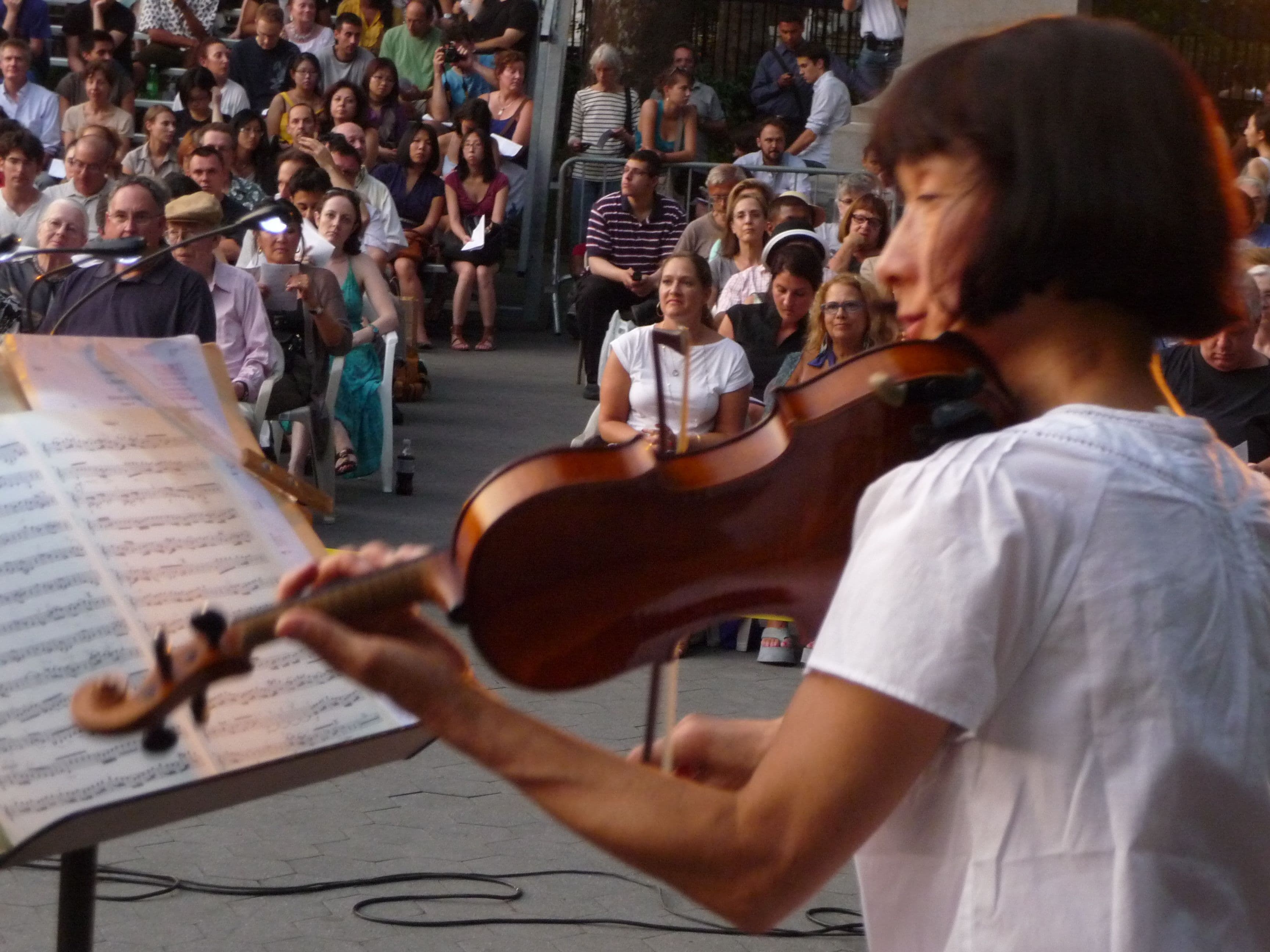 Person playing violin to a crowd in Washington Square Park.