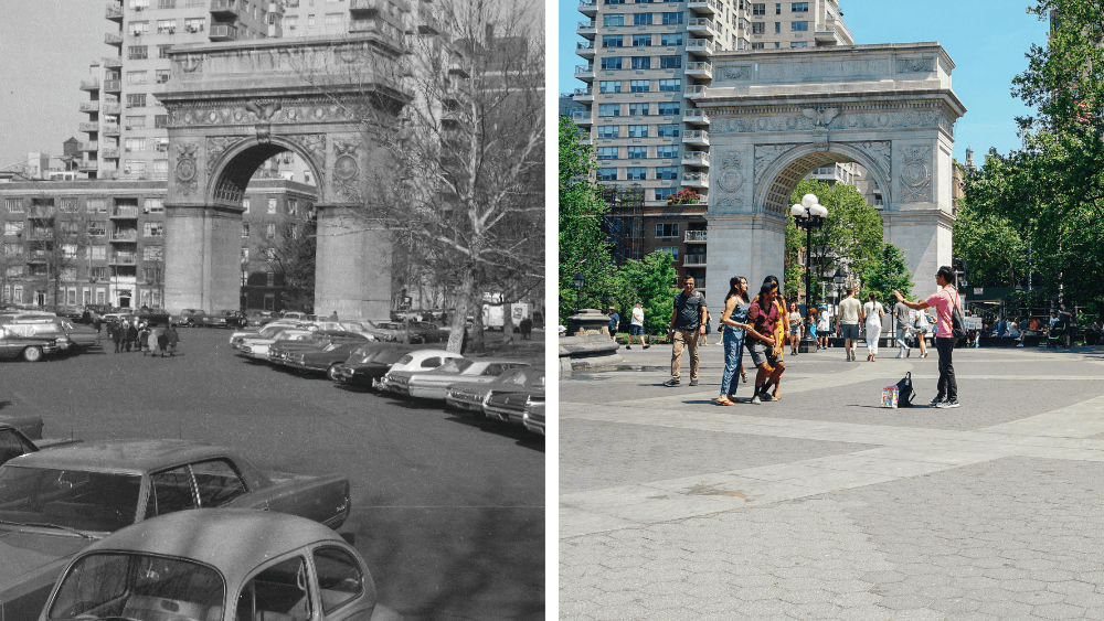 A side by side of two photos: a B&W photo of Washington Square Park with cars and a color photo of Washington Square Park with people
