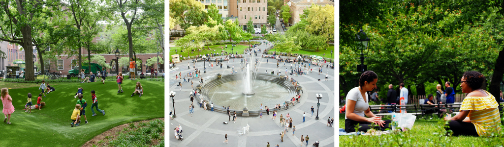 a collage of three images showing visitors sitting on the lawn, the WSP fountain, and kids at play. 