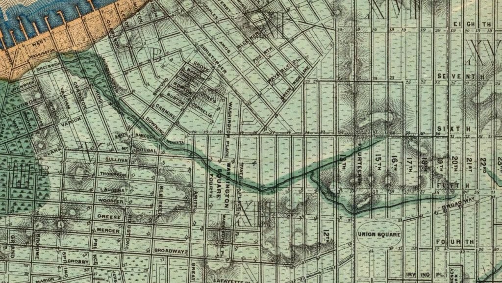 Topographical map showing approximate course of Minetta Creek, overlayed with street grid as of 1865