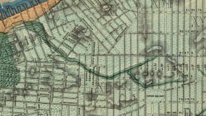 Topographical map showing approximate course of Minetta Creek, overlayed with street grid as of 1865, reproduced from "Sanitary & Topographical Map of the City and Island of New York" by Egbert Ludovicus Viele