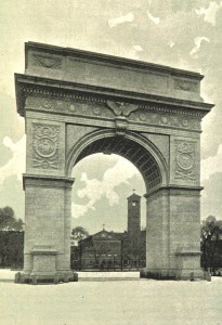 The permanent Arch in 1893, one year after completion. Note that the statues of Washington are missing from the pedestals; the eastern statue wasn't installed until 1916 and the western statue in 1918.