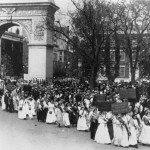 20,000 workers – a quarter of them women – march down Fifth Avenue and through the Arch to rally in the Park for improved working conditions in 1912.