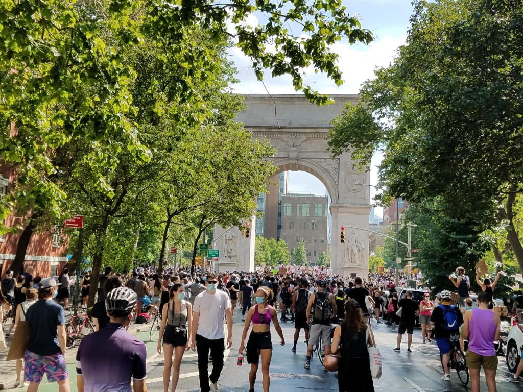 Protesters march up 5th Avenue, through the Park and under the Arch, June 6, 2020.