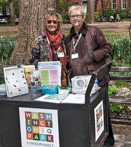 Pat (left) and her fellow Greeter, Martha (right) at an in-person greeting session in 2018