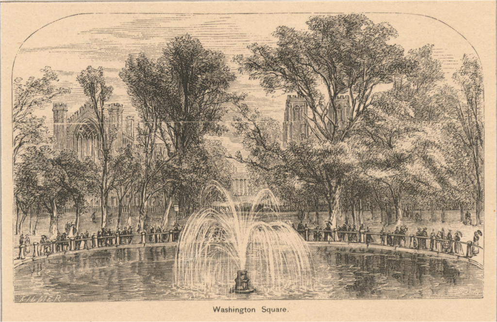 An 1856 etching by James Smilie shows the pathways, iron fencing, and large fountain.