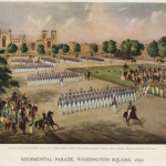 depiction of the northwest corner of the Washington Square parade ground with New York University in the left foreground