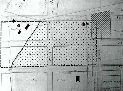 An 1817 survey of the potter’s field, showing the Scotch Presbyterian burial grounds at the northeast corner