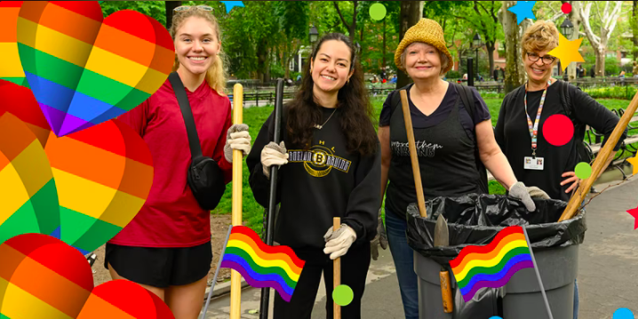 four park volunteers smile and pose with cleaning tools, image is overlaid with rainbow hearts and two pride flags
