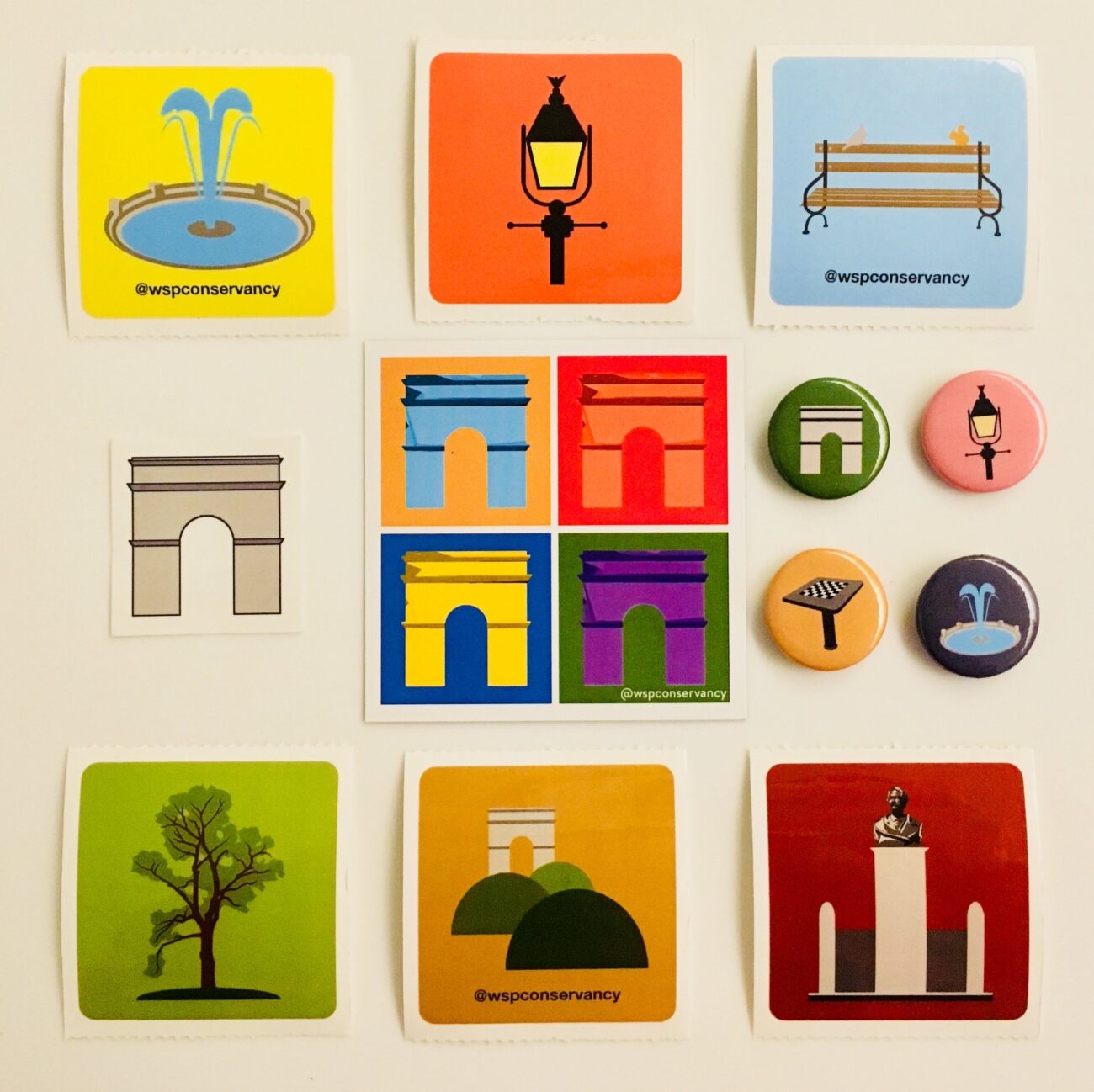 array of buttons and stickers featuring WSP features